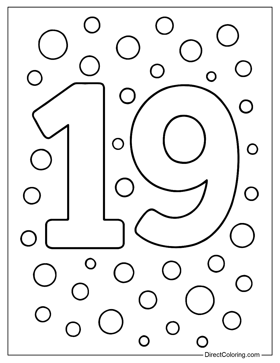 number 19 coloring page with small round spots like colorful candy.
